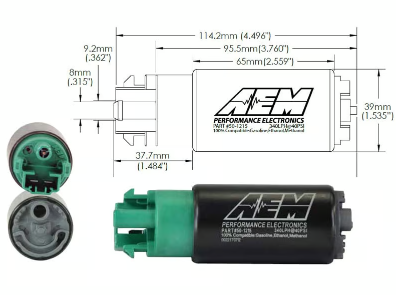 AEM 340LPH E85 HIGH FLOW IN-TANK FUEL PUMP (65MM WITH HOOKS, OFFSET INLET) #AEM-E-50-1215